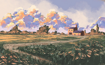 A cloudy afternoon clouds colorful digital drawing illustration landscape