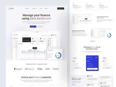 Zeva - Finance SaaS Landing Page b2b business chart clean company dashboard design finance fintech management pricing product design saas startup tracking ui ui design uiux ux web