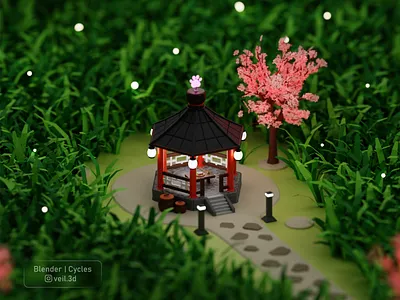 Pavilion Isometric 3d 3d illlustration 3d render design fireflies illustration isometric low poly night pavilion sakura tree