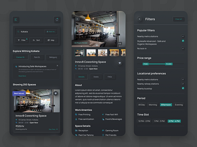 Coworking Space App: Dark mode | Neumorphism app design coworking darkmode details page filter graphic design neumorphism ui