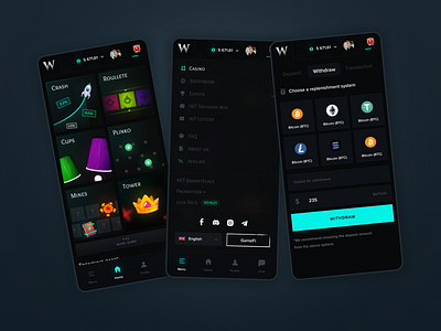 Mobile gambling interface app design betting bitcoin blockchain casino crash dark design design dice gambling game game ui jackpot mobile ui ui interface uiux ux web design