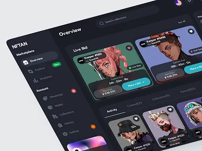 NFTAN - NFT Marketplace Dashboard 3d nft clean dark dark mode dashboard dashboard design dashboard ui design ethereum nft nft card nft dashboard nft design nft illustration nft marketplace nfts rarible webapp