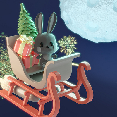 Old New 2k23 Year 3d bunny card christmas digital art illustration new year santas sleigh to the moon
