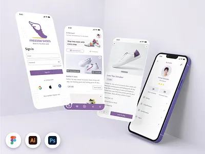 Freedom Shoes | Mobile UX Design bhutan bhutanese branding design e commerce e shop footwear graphic design logo minimal minimal design mobile application purple shoe app shoe shop shop ui design user centric user experience ux