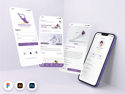Freedom Shoes | Mobile UX Design bhutan bhutanese branding design e commerce e shop footwear graphic design logo minimal minimal design mobile application purple shoe app shoe shop shop ui design user centric user experience ux