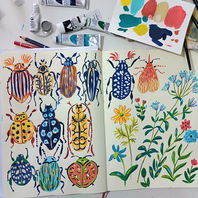 Bugs - sketchbook practice art bugs drawing flowers gouache hand drawn illustration painting sketchbook