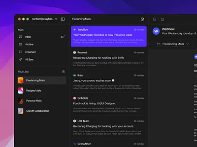 Mail App Design For macOS | Dark Mode app dailyui dark mode interface list macos mail mail app minimal native purple ui