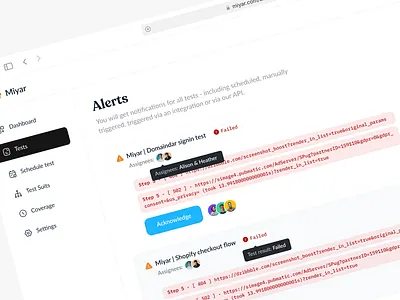 Miyar | Test Alerts 🚫 alerts assignees automating avatar danger dashboard error error message failed github test test failed user profile warning