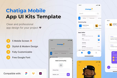 Chatiga Mobile App UI Kits Template android app app design application apps chat chatiga design design for app ios mobile mobile app mobile app design mobile app design mobile apps screen simple ui ux website