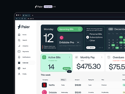 Paier Bills Hub Dashboard analytics bills hub bills management calendar clean dashboard data design inspiration minimal panel payment personal finance plan schedule tasks ui ui design ux ux design