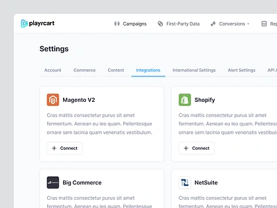 Playrcart Integrations 👩‍💻 branding cards clean ui design desktop fintory integrations interface modal overview settings tabs ui ux