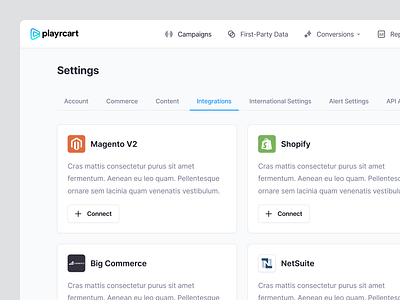 Playrcart Integrations 👩‍💻 branding cards clean ui design desktop fintory integrations interface modal overview settings tabs ui ux