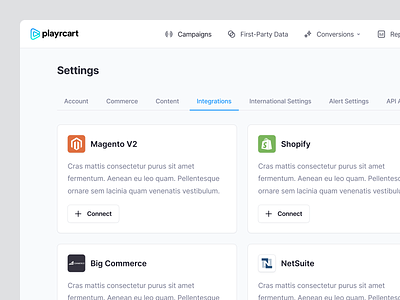 Playrcart Integrations 👩‍💻 branding cards clean ui design desktop fintory integrations interface modal overview settings tabs ui ux