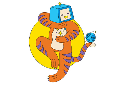 Funky privacy guardian flat fun globe illustration minimalistic startup tiger vector