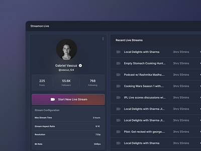 Live Stream Studio Dark Mode - Streamon app application dark design live streaming night mode product design
