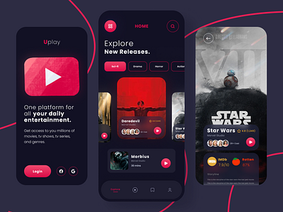 Uplay - A Live Stream Movies Mobile App - UI/UX Design - Figma app design design figma freelance live stream app minimal mobile app mobile design modern movies app remote stream app tv shows app ui ui design uiux upwork ux ux design web design