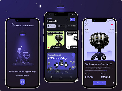 Rental app for Filmmaking equipment booking card design cards dark details page freelancing home page icons mobile nav bar onboaring popular rental app ui user experience