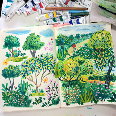 Landscspe practice art drawing gouache hand drawn illustration landscape painting sketchbook trees