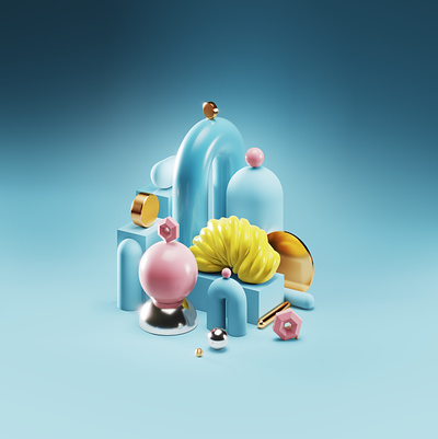 Blue composition 3d beauty blue bright candy composition cosmetics fragrance geometrical glossy gold graphic design illustration isometry perfumes pink render sculpture trendy yellow