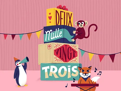 2023 animals fox illustration lettering monkey new year party penguin typography