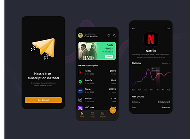 Subscription Management App 🔔 animation card design dark ui design design pearl easy design figma design graph home design ios and android mobile netflix new quick design simple work subscription manage trending ui uiux ux