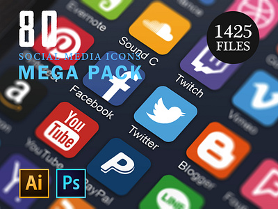 80 Social Media Icons Mega Pack - Download bundle design download dribbble facebook flat flat icons graphic design icon icon set icons illustrator instagram photoshop psd set social social media twitter vector