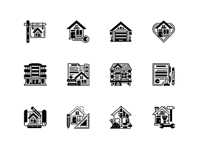 Real Estate Icon Set Design Solid Line Style architecture building building construction building plan contract paper garage hotel icon icon design icon set illustration location love home mortgage property real estate real estate sign renovation vector icon wood cabin