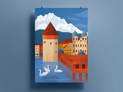 Lucerne poster design architecture buildings city design flat graphic design illustration lake lusern poster swan switherland town vector