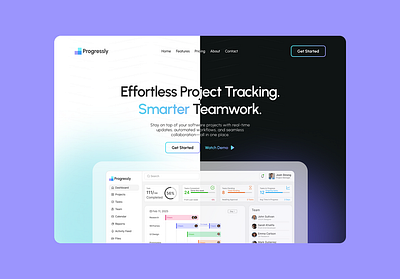 Progressly – Project Management Landing Page creative dark designinspiration dribbble figma heroarea inspiration landingpage light manegment productdesign section technology uidesign uxdesign