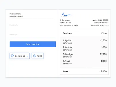 Invoice 46 a compnay amount bill blue calculation dailyui date dollar download duedate ebill email fields finance invoice print send simple total