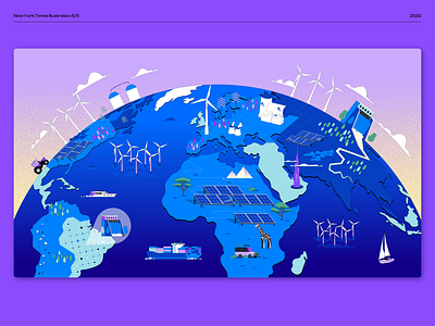 New York Times - 5/5 animation connectivity energy hydroplant illustration map motion graphics nuclear power powerplant renewable solar solarfield sustainable vector windfarm world map