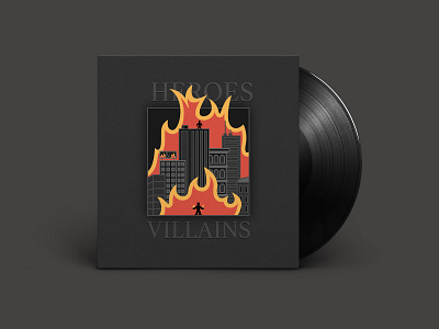 Heroes & Villains - Metro Boomin album art album cover black boom buildings burning city dark enemies fire flames heroes hip hop illustration metro metro boomin rap towers villains vinyl