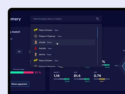 Esport Dashboard - Search component 🔍 app clean csgo dark dark mode dashboard dropdown esport popup search ui user interface ux