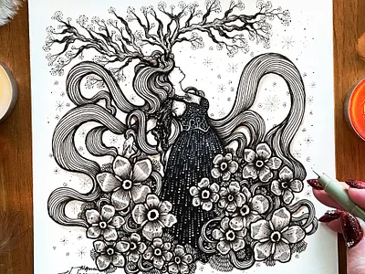 Celestial Dance art botanical art branding celestial dance design drawing flowers handdrawn handmade illustration landscape logo magical nature scenery space stars tree