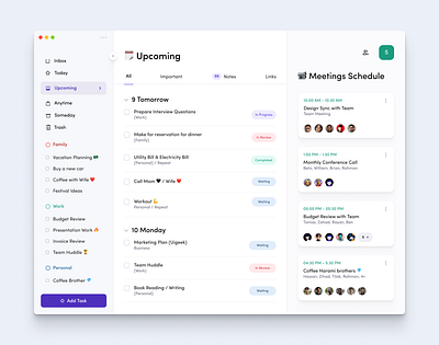 Task Management Dashboard Upcoming Page Design calendar web app dashboard minimal minimal product design product design productivity web app task application design task management task management app task management dashboard design to do web app today task today task web app ui upcoming task ux web app your project web app