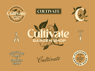 Cultivate Branding Set badge branding circle cultivate custom dogwood farm floral flower garden gardening hand drawn illustration logo nc outdoor shop tools typography vintage