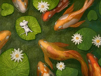 Mouse in the pond animal cartoon character children children illustration childrens book fish flower illustration lake lily mouse nature pond water