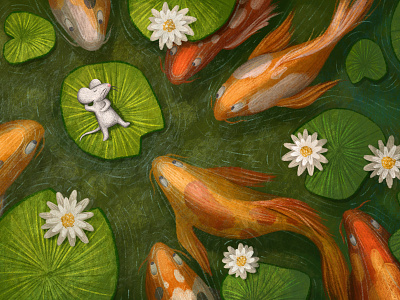 Mouse in the pond animal cartoon character children children illustration childrens book fish flower illustration lake lily mouse nature pond water