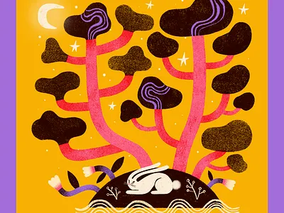 Bunny Island bunny bunny island colourful digital art illustration island lunar new year night procreate rabbit summer textures whimsical year of the rabbit yellow and purple