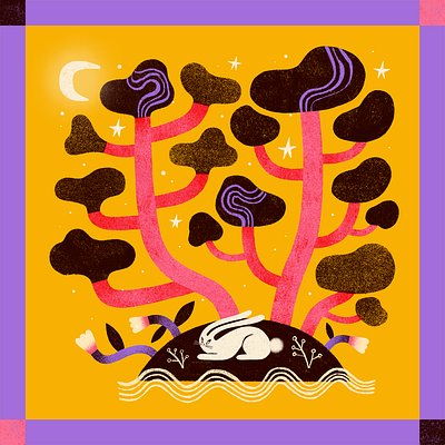 Bunny Island bunny bunny island colourful digital art illustration island lunar new year night procreate rabbit summer textures whimsical year of the rabbit yellow and purple