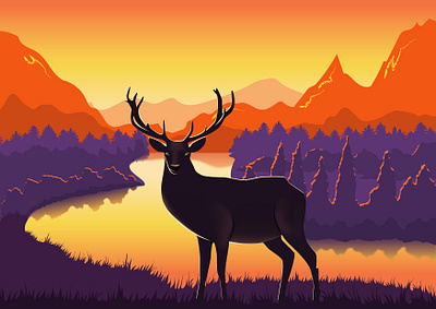 Beautiful morning deer illustration nature sunset vector