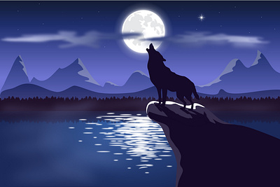 The Wolf and The Moon illustration lake moon night vector wolf