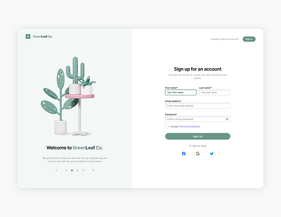 Daily UI 001 - Greenleaf Co. Sign up dailyui dailyui001 dailyuichallenge green illustration leaf login plant signup ui uiux