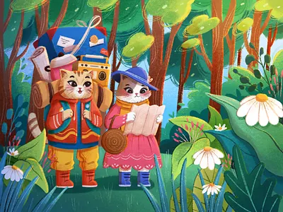 Time For An Adventure adventure animal art artwork cat character childrenillustration cute design digitalart drawing forest header illustration landing sketch traveling web web design website