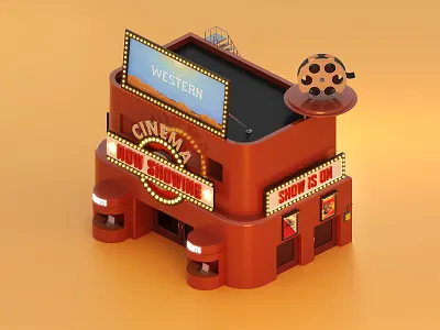 Isometric Retro Star 3D Cinema Theater 3d 3d model 3d modelling 3dmodel blender building cycle isometric lowpoly lowpoly3d modelling render retro vintage