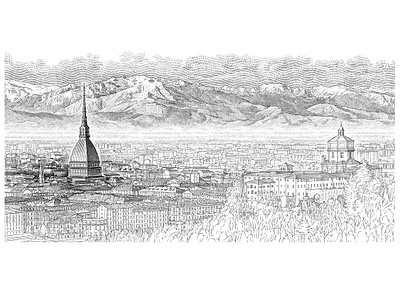 Turin black and white city classical drawing engraving etching illustration retro scratchboard vintage