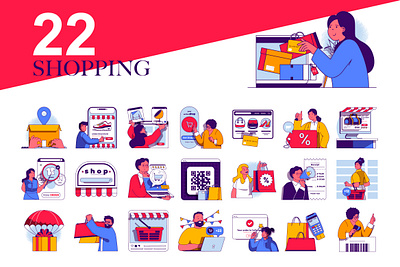 Shopping Web Illustrations bundle character collection commerce concept design discount flat graphic icon illustration landing page people retail set shop shopping vector web