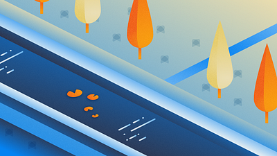 Gradient and isometric exploration - City Park blue and orange blue and yellow canal city park gradients graphic design illustration isometric lilypad minimalist nature noise trees waterway