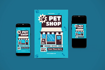 Pet Shop Flyer Set ai animal food care cat clinic design dog flyer flyer poster food graphic design health illustration pet petcare petshop psd service treatment vector