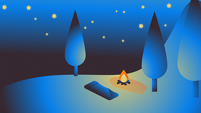 Camping under starlight blue and yellow campfire camping gradients graphic design illustration minimalist nature night sky noise sleeping bag stars